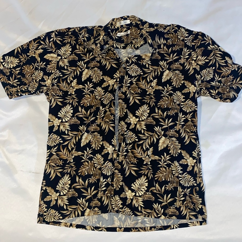 Pierre Cardin Black and Tan Leaf Print Casual Button Down Shirt